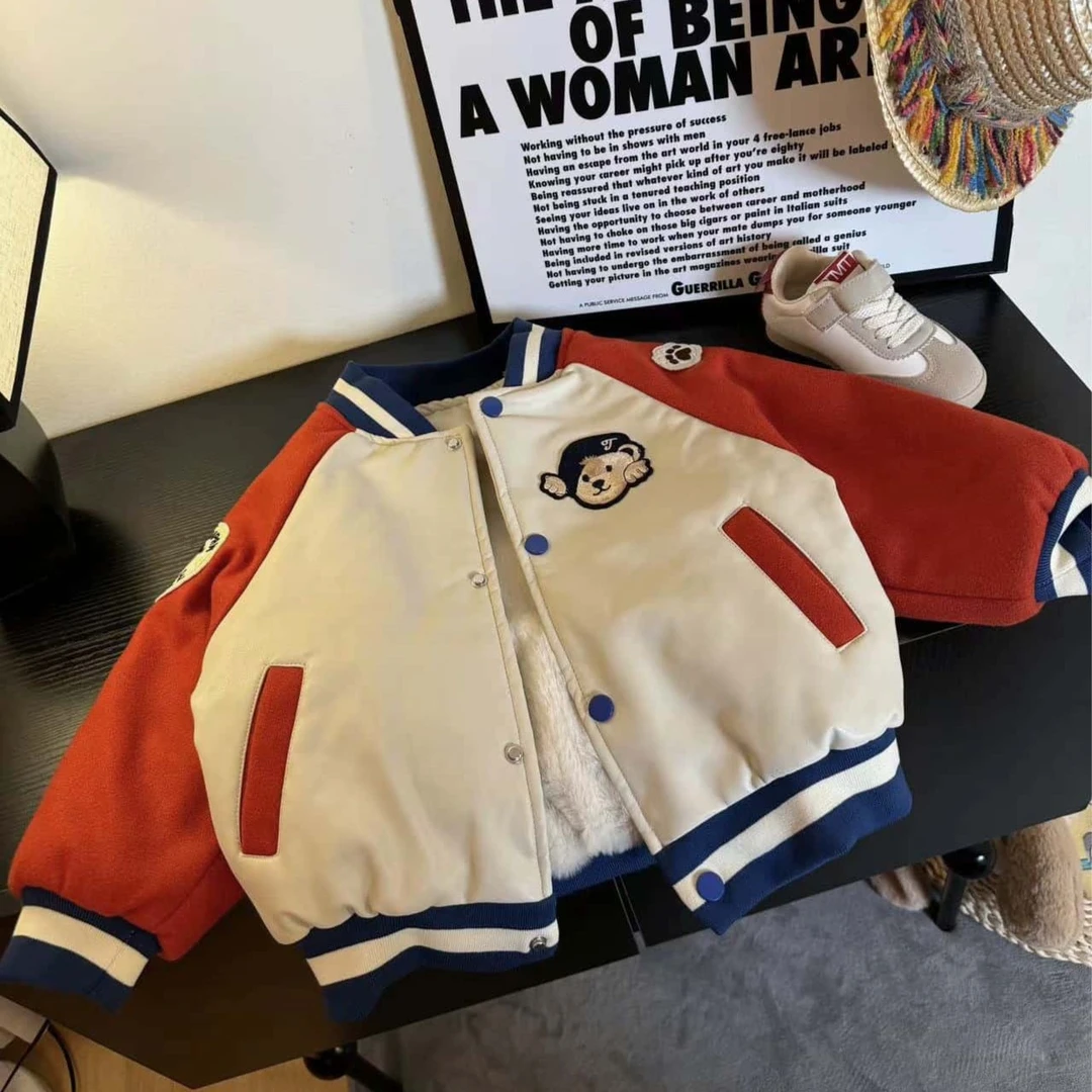 【严选】拼皮夹克外套棒球服儿童韩版冬季棉衣冬款童装加厚保暖兔毛