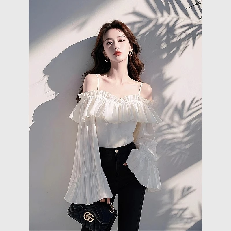 2025早春白色吊带雪纺衬衫独特超好看荷叶边法式小众喇叭袖上衣女