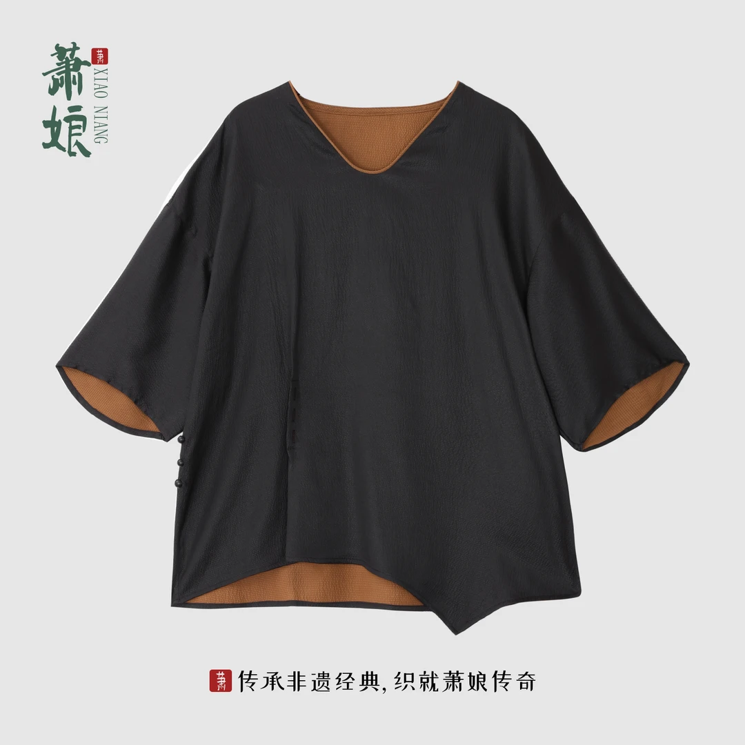 萧娘【隐水】香云纱复古短袖桑蚕丝上衣时尚气质中式夏季显瘦288