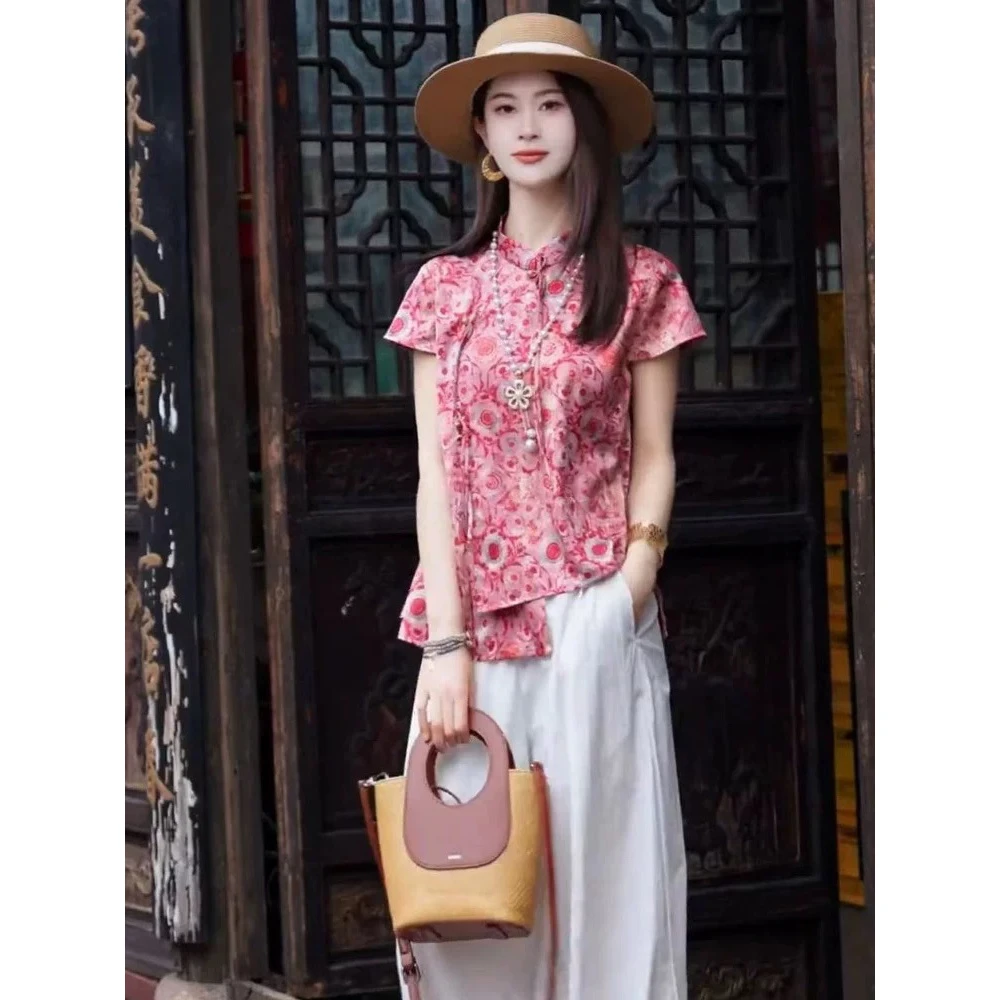 【650】新中式国风立领盘扣短袖衬衫女时尚洋气气质显瘦上衣