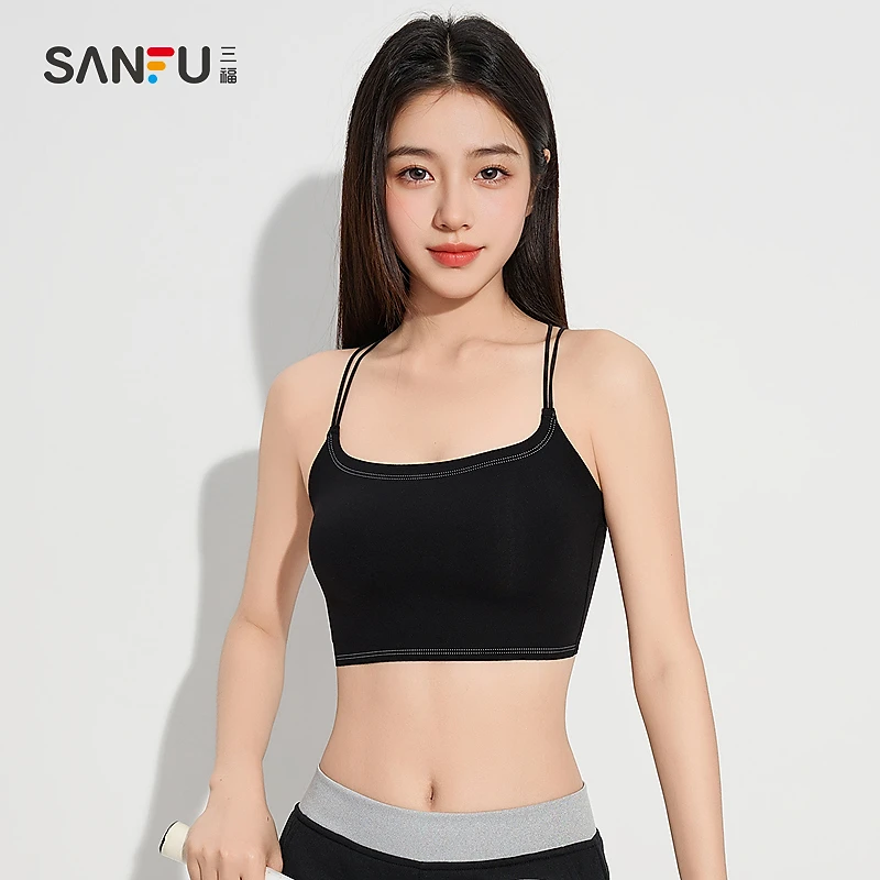 三福女夏季印花线条交叉美背 大U领无痕吊带背心裹胸497962
