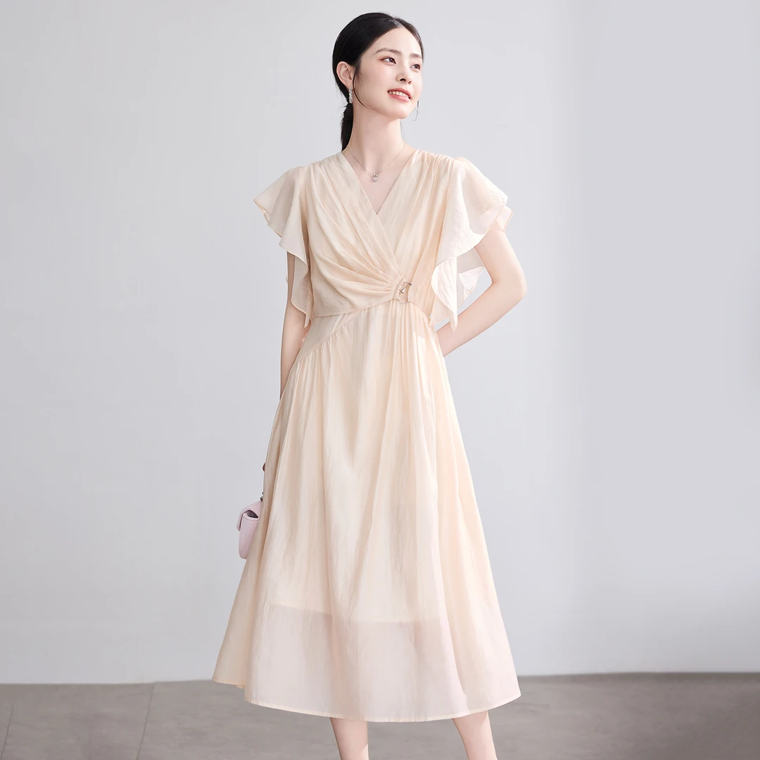 夏季纯色连衣裙法式荷叶袖高腰裙夏装女装显瘦裙子60312-2
