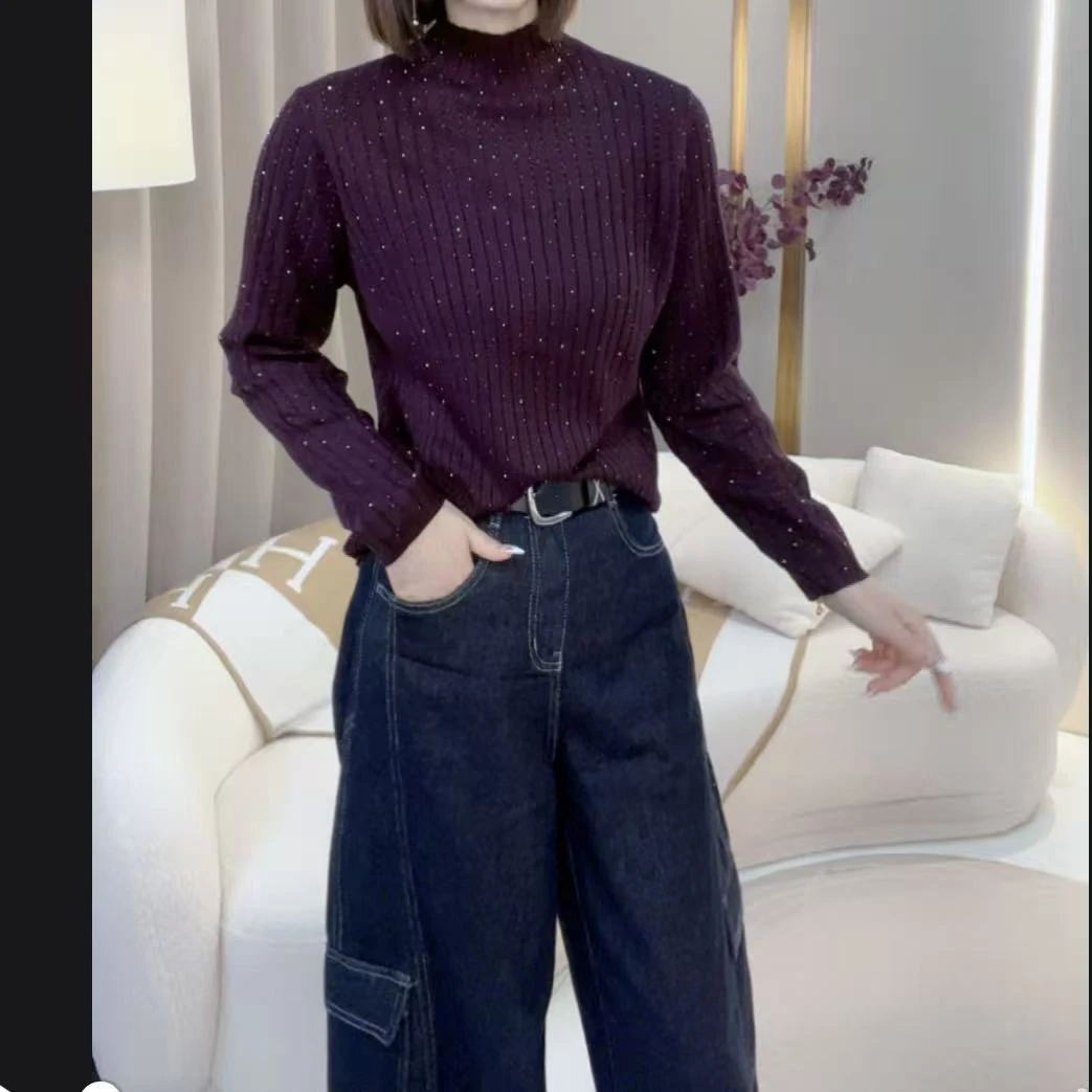 【权燕】137 #秋冬圆领烫钻针织衫2025新款套头百搭长袖上衣