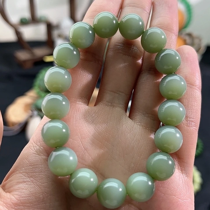 和田玉颈饰未镶嵌碧玉-粉青-12mm手串