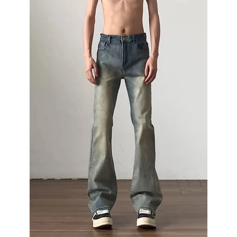 no logo复古蓝牛仔裤男款潮牌美式高街vibe风裤子修身直筒微喇裤