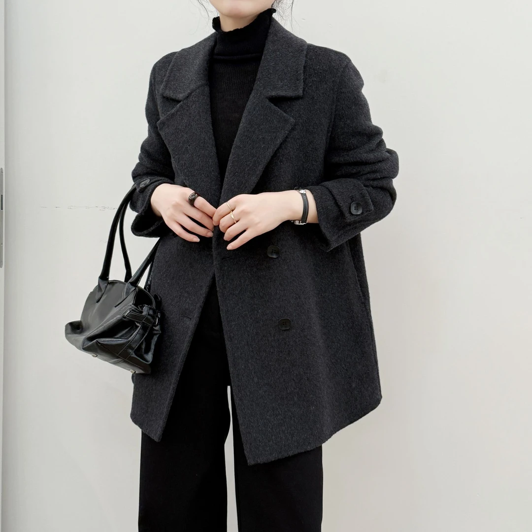 高级感双面羊毛大衣女款2025新款秋冬小个子黑灰色羊毛呢西装外套