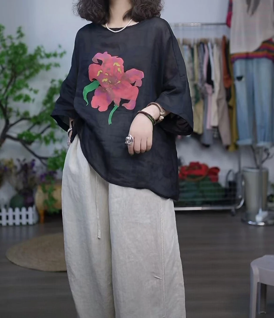 【若汐女装】宽松大版圆领复古百搭绣花夏季民族元素苎麻上衣2631