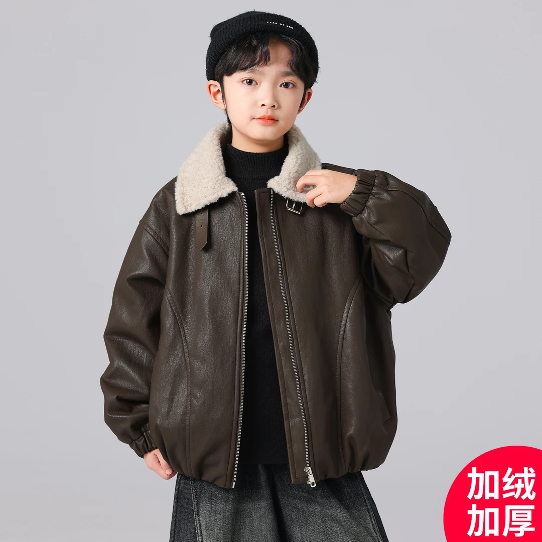 男童秋冬外套2025新款加绒加厚皮衣外套帅气炸街C5196-7