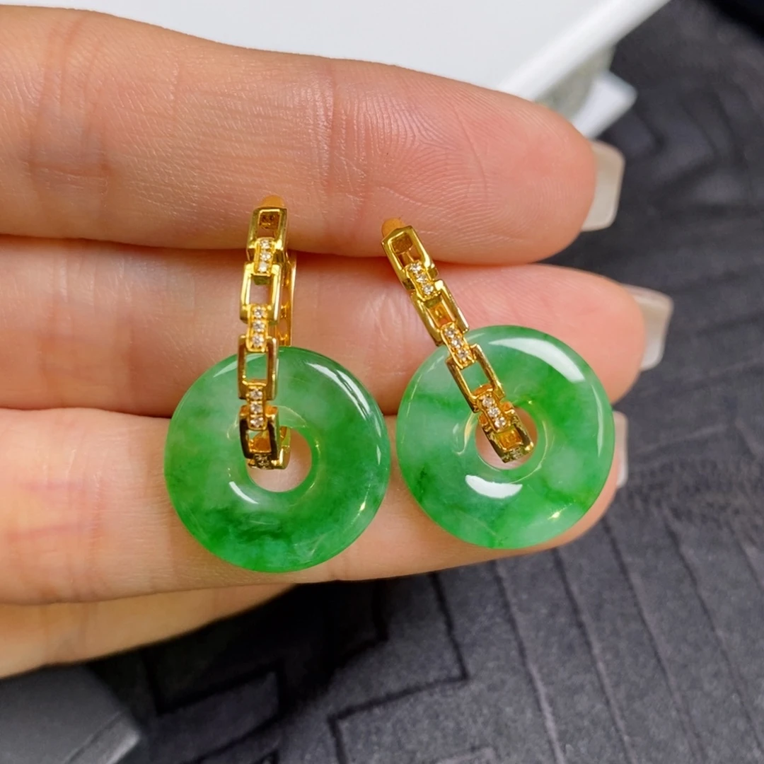 翡翠18K金镶嵌耳饰链条耳包➕甜甜圈