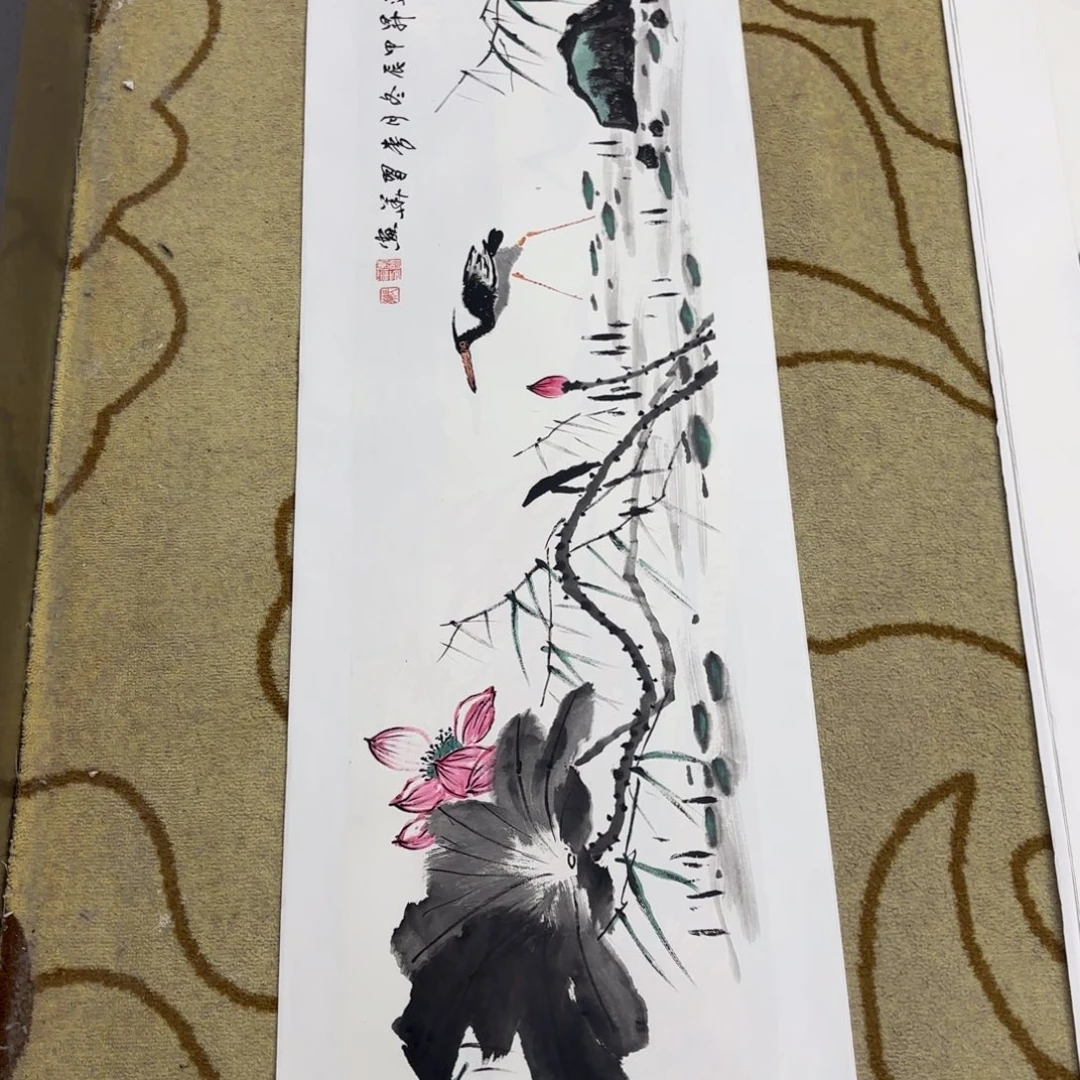 国画四尺对开花鸟童