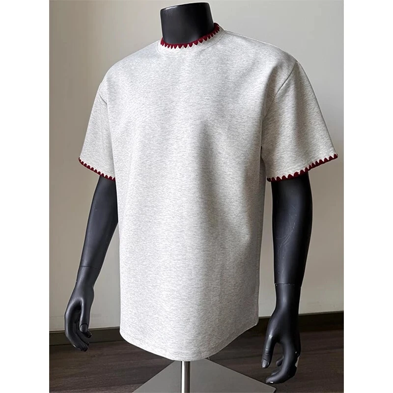 花灰色贝壳绣花短袖男款夏季美式复古高级感重磅t恤cleanfit半袖