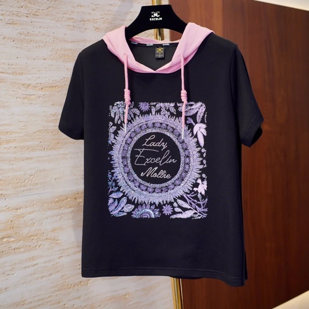 【LADY花园短袖帽衫】新款夏季时髦显瘦连帽短袖T恤女式减龄上衣