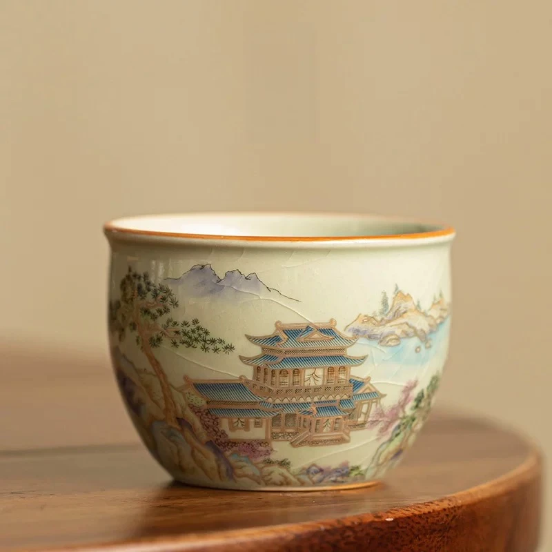 千里江山茶杯汝窑开片