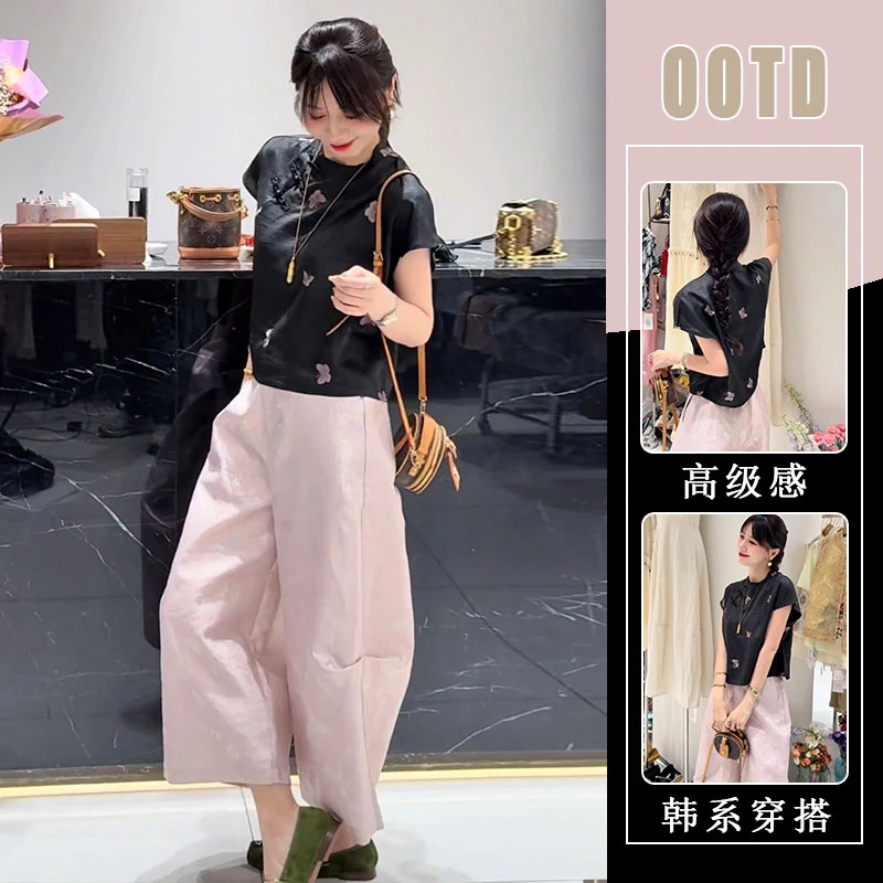 2025夏季新款新中式极简风设计感蝴蝶盘扣短袖阔腿裤时尚套装女