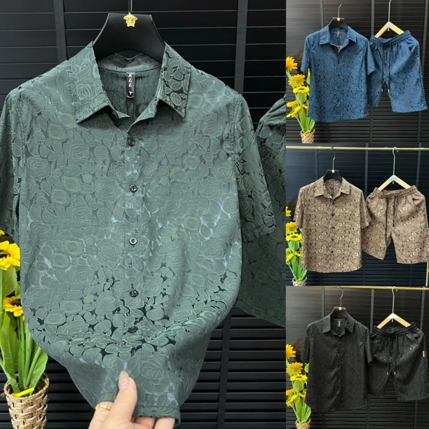 2025年新款渐变潮流短袖短裤开衫男士标准版男衬衫碎花套装8690