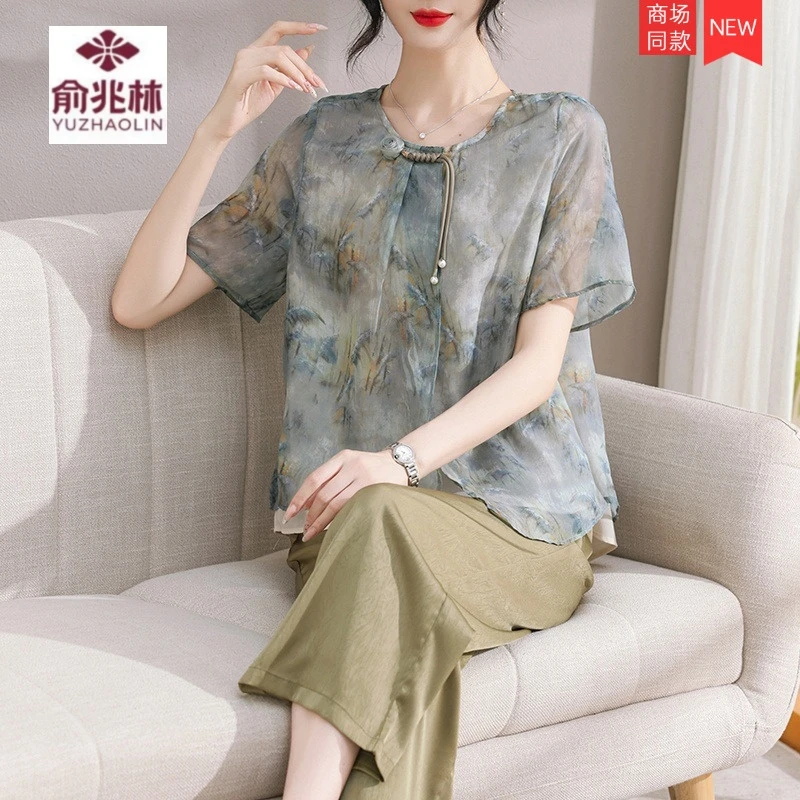 新中式妈妈夏装套装2025新款雪纺小衫中老年女装夏季洋气短袖上衣