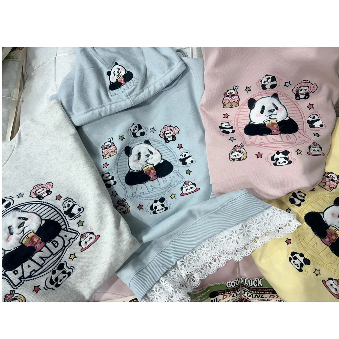 v6720#春季熊猫图标重工刺绣蕾丝假两件连帽