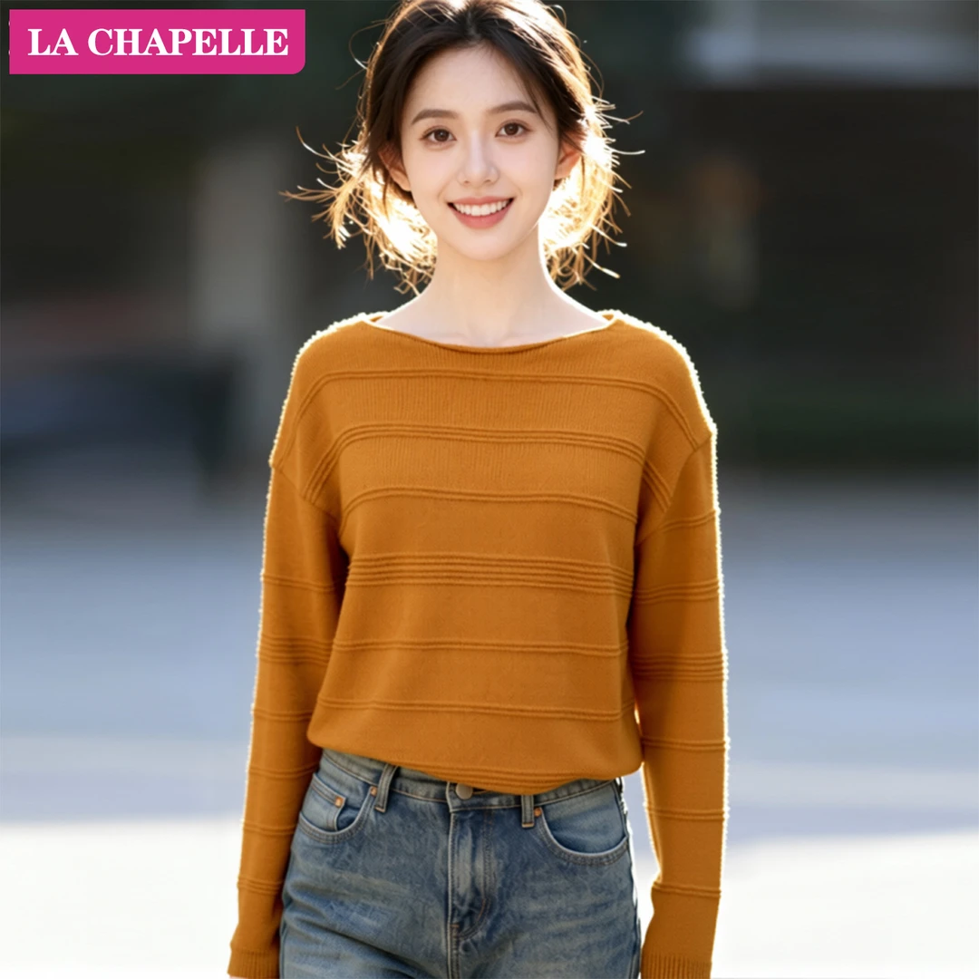 拉夏贝尔休闲设计感圆领针织衫女2025冬季新款简约风显瘦宽松毛衣
