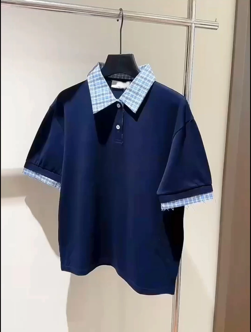 2025夏季新款美式学院风休闲百搭POLO衫女夏短袖撞色拼接格纹t恤