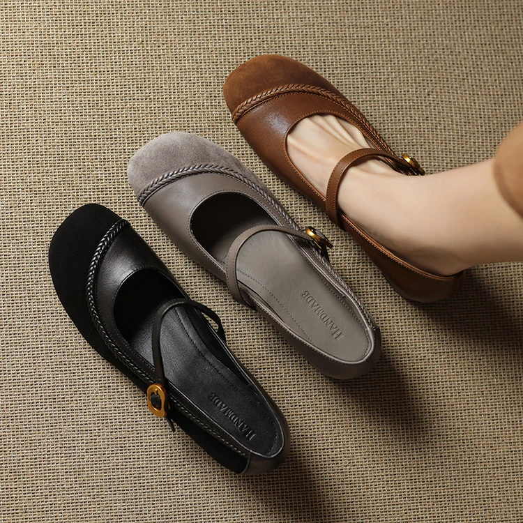 【跟高3cm】平底鞋浅口单鞋玛丽珍百搭2025年夏季粗跟真皮方头女