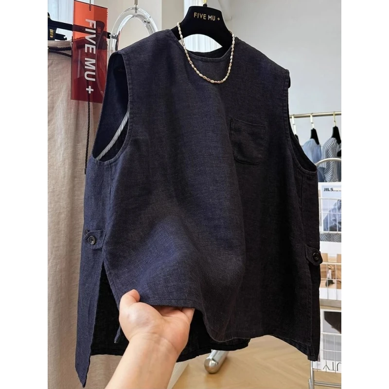 加肥大码300斤设计感开叉无袖衬衫男女夏季独特别致复古宽松上衣2