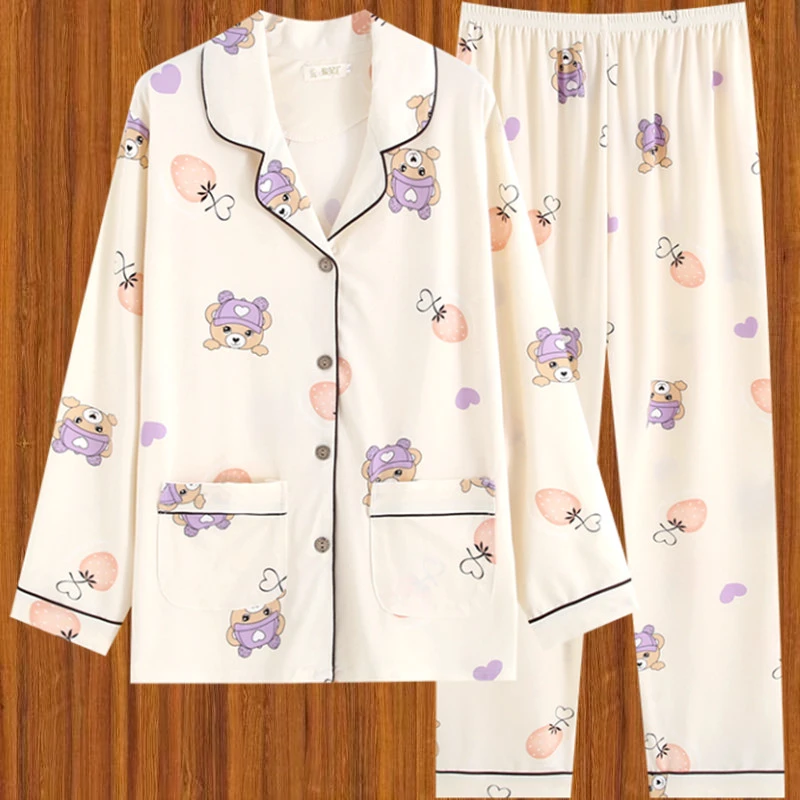 甜美可爱睡衣女长袖大码宽松家居服套装春秋季夏季薄款月子服胖mm