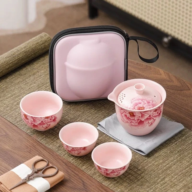 粉汝窑国色天香牡丹花陶瓷旅行茶具H95