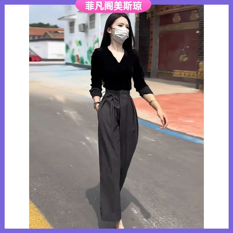I时尚两件套女2024秋季新款气质交叉V领显瘦小杉+阔腿裤潮l