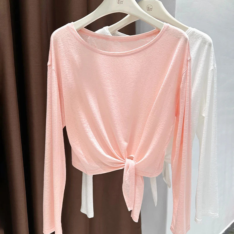 开叉绑带设计感宽松长袖防晒罩衫夏季洋气圆领上衣薄款亮片T恤女