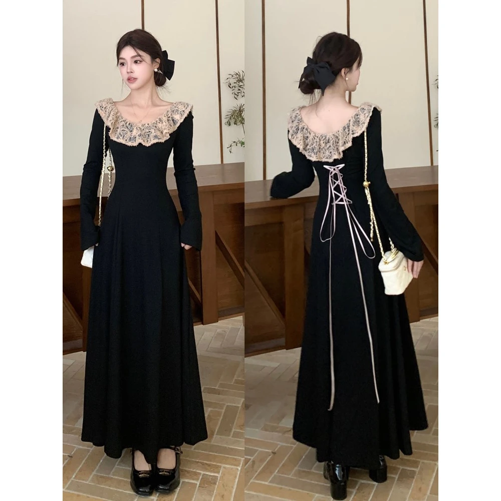 2025新款胖mm法式轻奢宫廷风黑色连衣裙女秋季长袖蕾丝领显瘦裙子