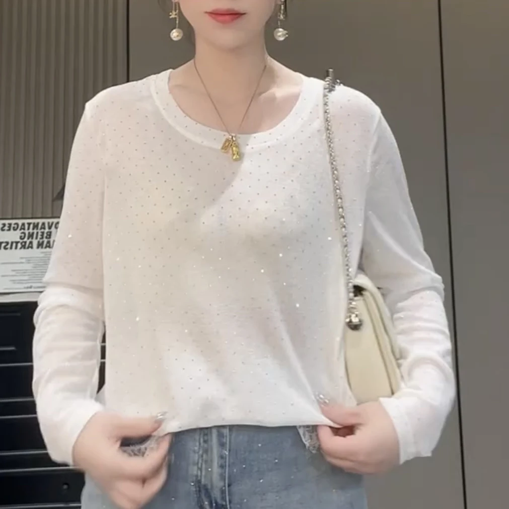 春夏新款欧若风气质休闲满天星钻圆领长袖微透打底衫