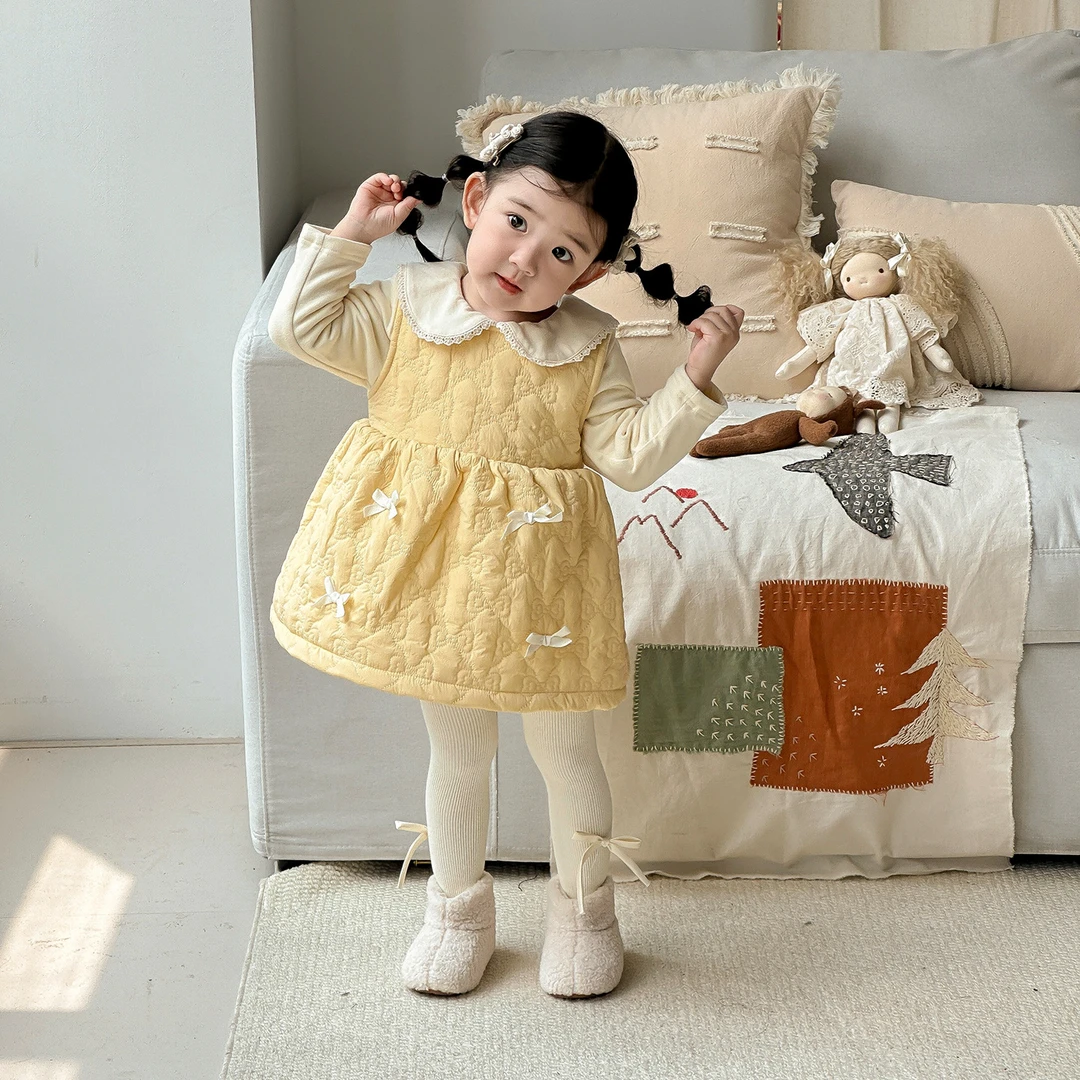 2025秋冬新款婴幼儿绗棉背心裙套装女宝宝夹棉裙子打底两件套
