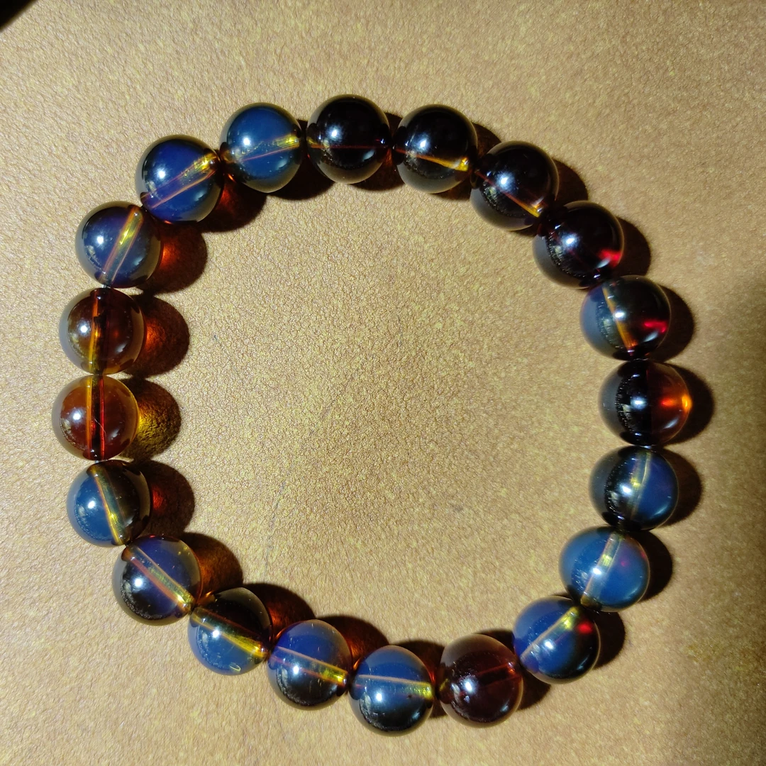 墨西哥3A纯天然红蓝珀妖红妖蓝圆珠单圈手串保真多样性发货