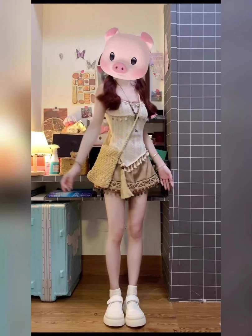 夏季复古波西米亚风甜辣酷穿搭出游度假小众时尚吊带上衣裙子套装