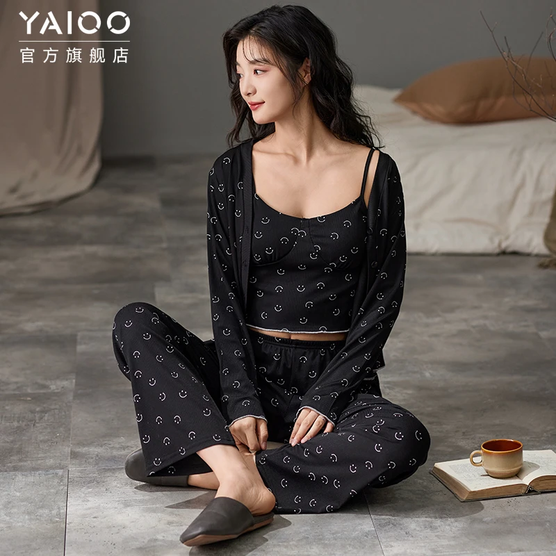 雅鹿带胸垫睡衣女2025年春秋款云朵棉螺纹三件套吊带纯欲风家居服
