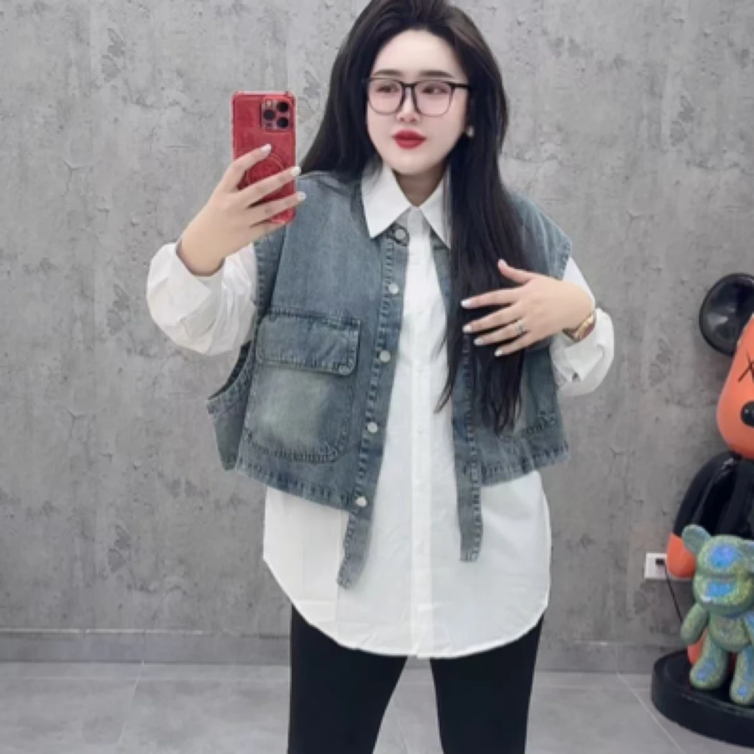 欧货新款休闲百搭宽松显瘦牛仔马甲衬衫两件套