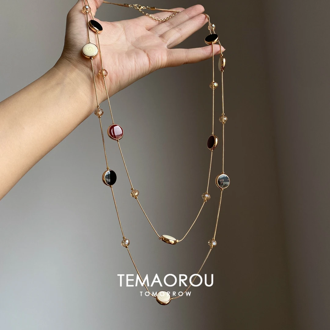 铜合金项链 秋冬复古长款流光圆扣项链长款毛衣链高级感叠戴饰品