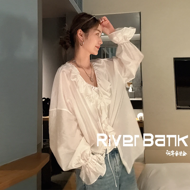 河岸家设计师SELALAGU X OITMMTIO宽松长袖荷叶边薄纱衬衫25夏