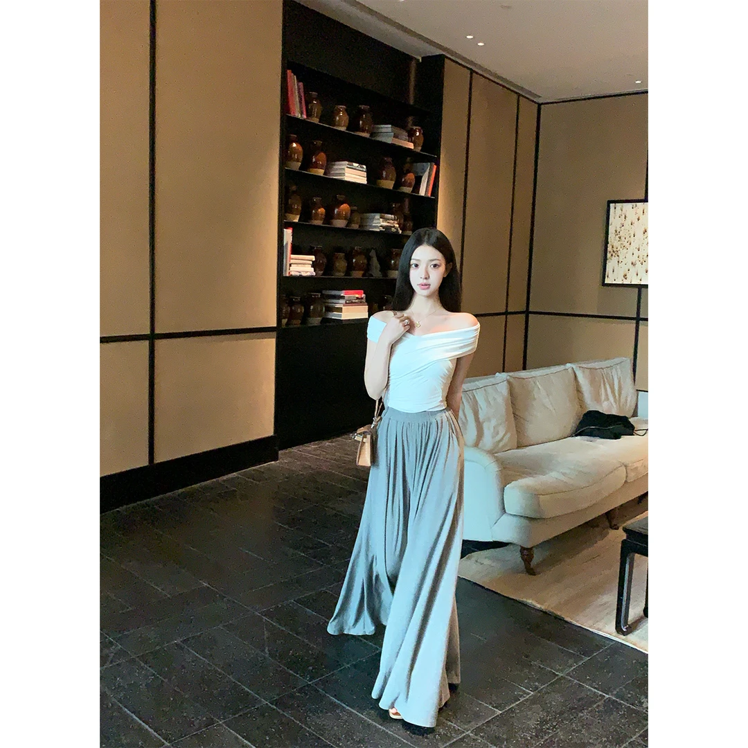 ACHI大也池◆翩翩~慵懒松紧腰褶皱阔腿休闲裤