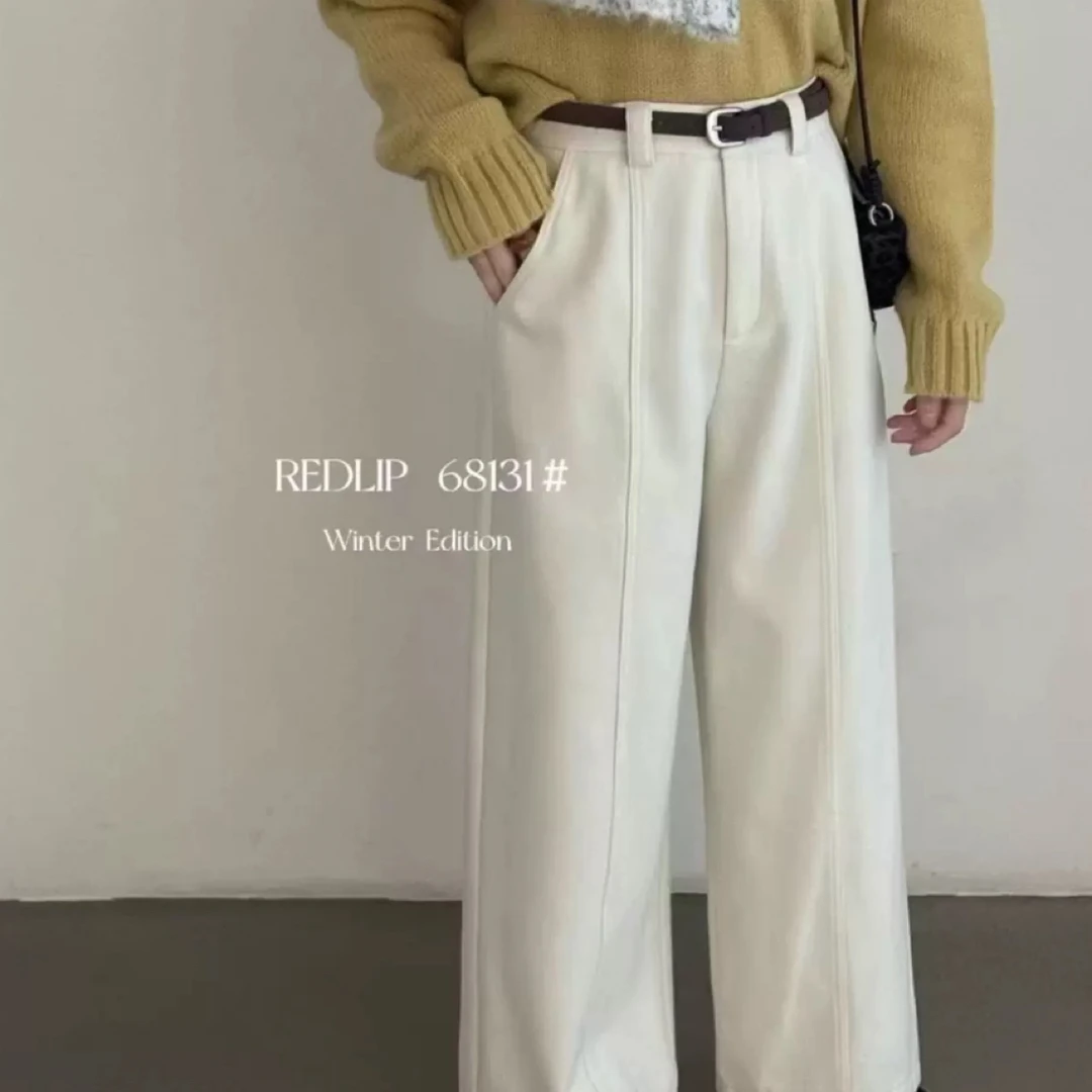 2557# 秋冬新款松紧加厚毛呢香蕉阔腿休闲高腰显瘦保暖弯刀长裤女