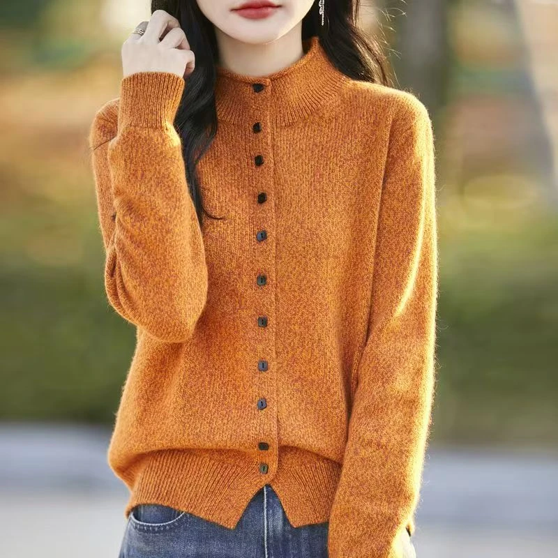 羊毛半高领花纱3股时尚卷边针织开衫外套上衣