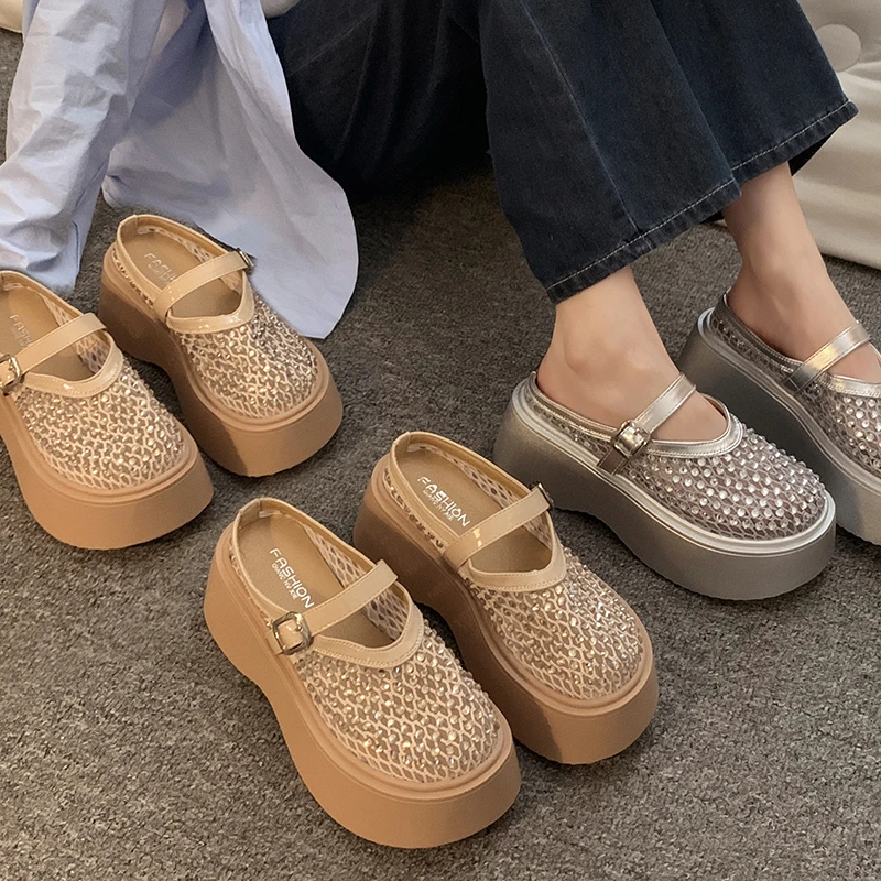 贾不假包头半拖鞋女2025新款夏季复古水钻配裙子厚底透气凉拖鞋子