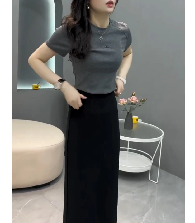 韩版时尚气质简约百搭短袖包臀半身裙套装NM22301