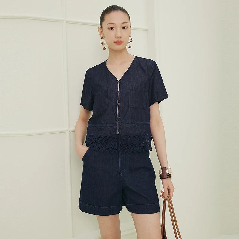 firststation优雅V领蕾丝拼接下摆原牛牛仔短外套女25夏新款J125A
