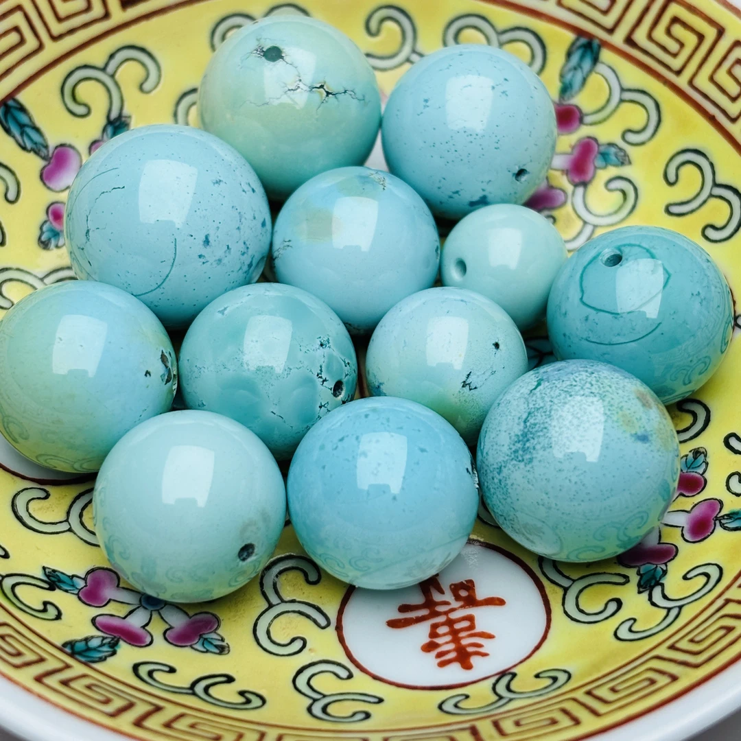 原矿天然绿松石瓷釉级圆珠单珠配珠用于diy搭配编锁骨链