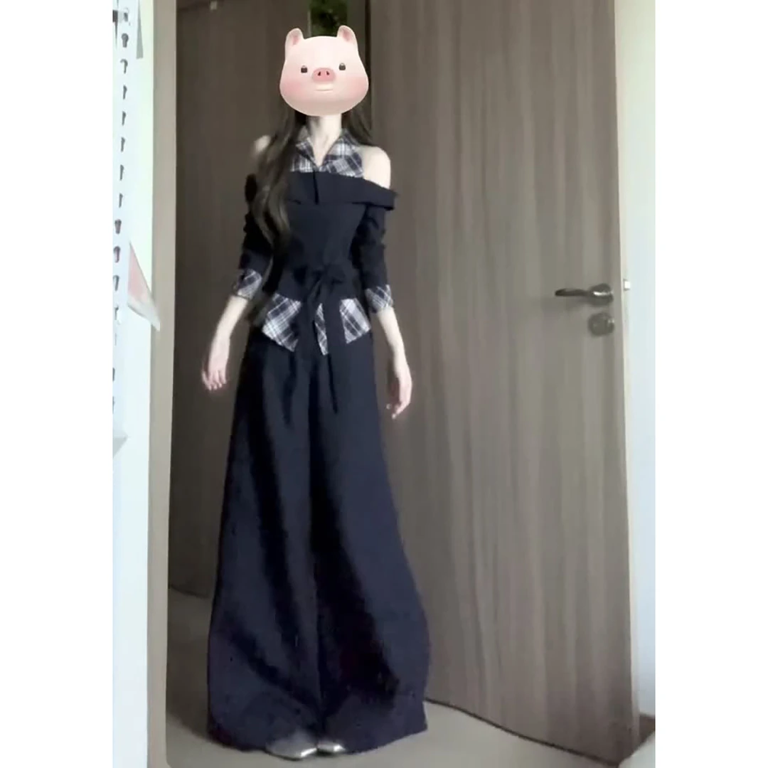 韩系纯欲格子拼接假两件挂脖露肩衬衫上衣女秋宽松显瘦阔腿裤套装