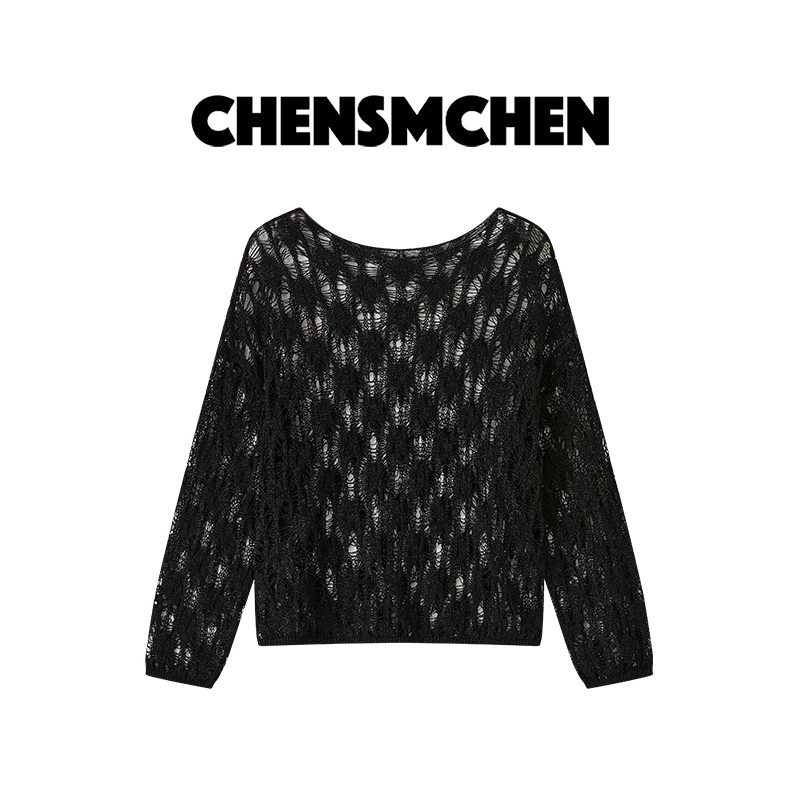 CHENSMCHEN 和纸纱镂空长袖针织衫女春夏慵懒松弛上衣CSZ3026MX