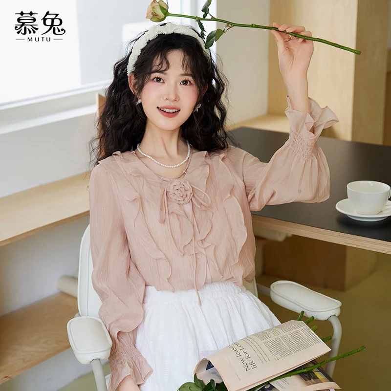 【正】慕兔法式气质荷叶边长袖衬衫女秋2024设计感小众立体花朵上衣