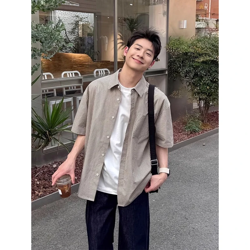 小格子短袖衬衫男款夏季日系复古宽松衬衣防晒外搭开衫五分袖外套