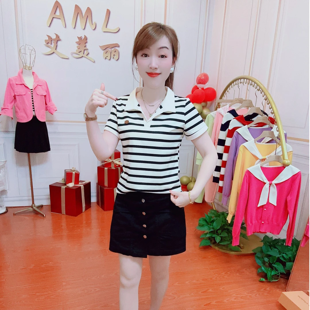 AML5 条纹POLO领修身显瘦2025新款时尚百搭减龄短袖上衣